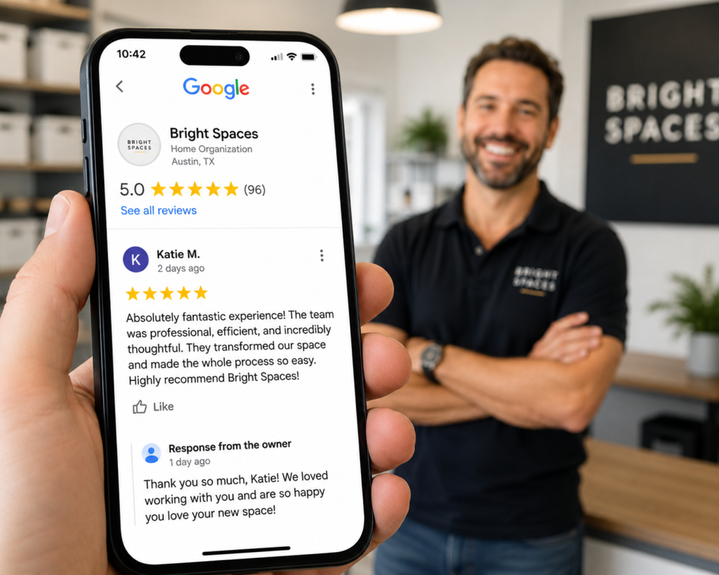 Smartphone showing 5-star Google Business Profile reviews for local SEO growth.