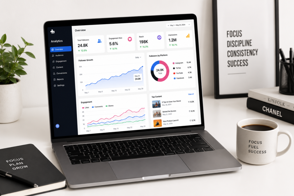 Digital marketing analytics data and social media growth charts on a laptop screen.