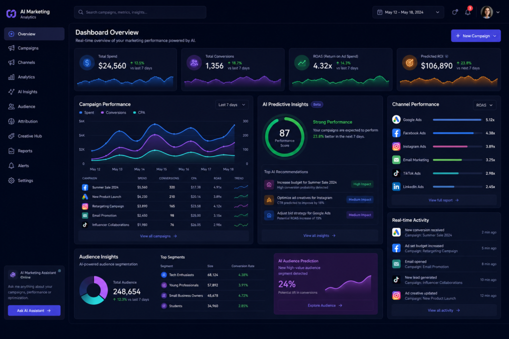 Dashboard showcasing real-time marketing campaign analytics driven by AI predictive metrics.