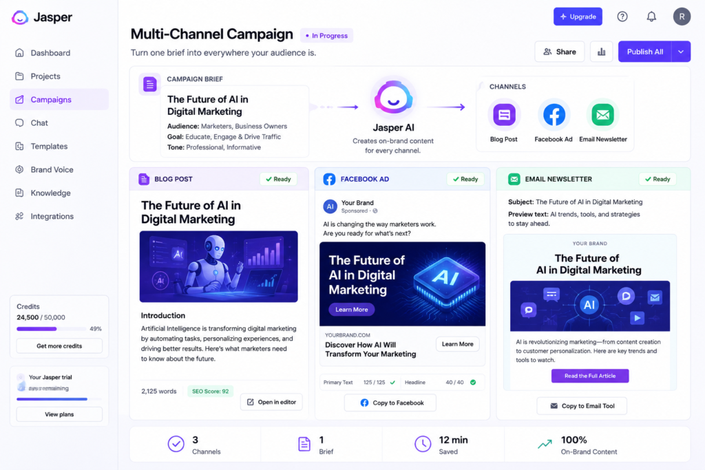 Jasper AI dashboard showing a multi-channel campaign workspace turning a single brief into a blog post, Facebook ad, and email newsletter simultaneously]