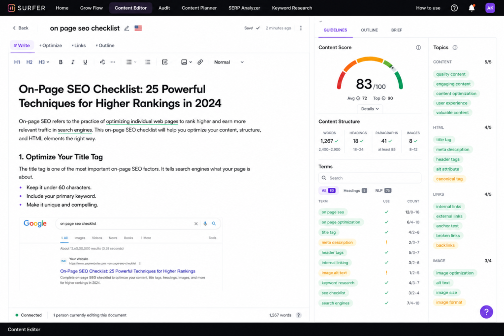 Surfer SEO content editor interface showing semantic keyword suggestions and real-time optimization score.