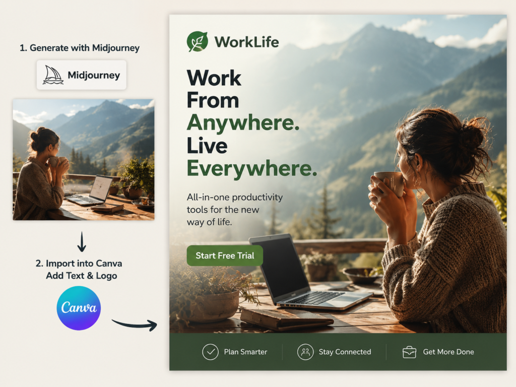 Use Midjourney to create specific lifestyle imagery for your product, then import it into Canva to overlay text and brand logos for social ads.