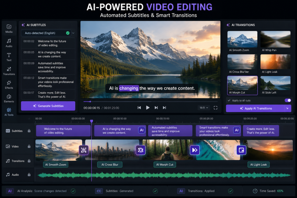 Modern video editing timeline highlighting AI-generated automated subtitles and transitions.