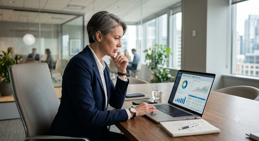 Business owner reviewing data analytics on a screen to plan sustainable business growth strategies.