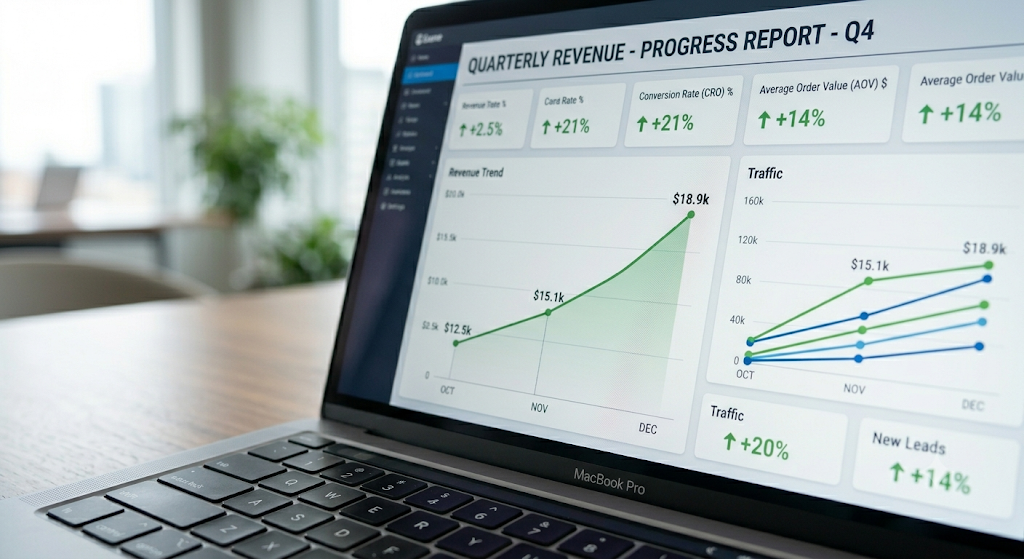 Digital marketing dashboard displaying consistent data metrics for sustainable business growth scaling.