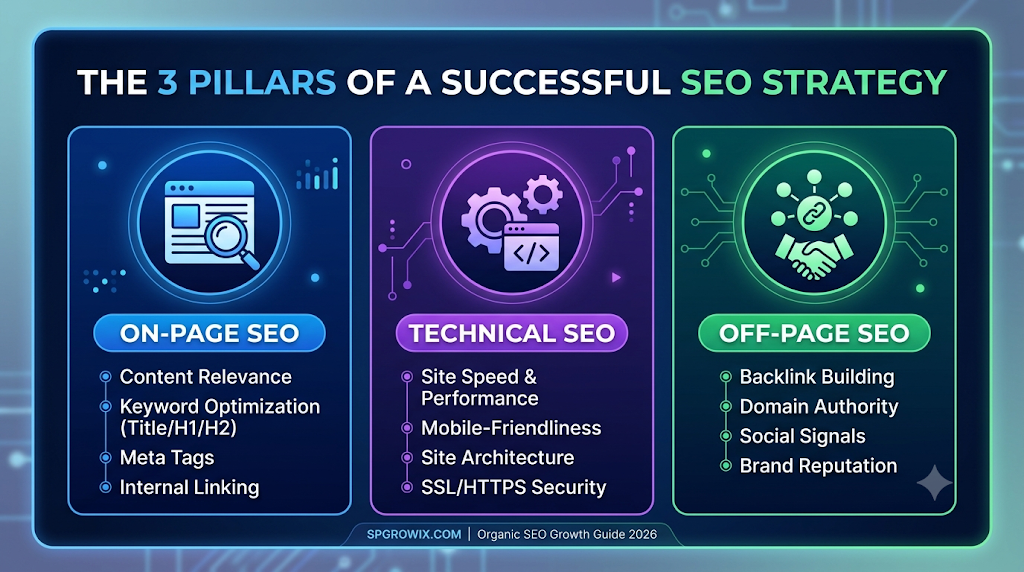 imageInfographic showcasing the 3 pillars of a successful SEO strategy for business growth: On-Page SEO (content and keywords), Technical SEO (site speed and mobile-friendliness), and Off-Page SEO (backlinks and brand reputation).Infographic showcasing the 3 pillars of a successful SEO strategy for business growth: On-Page SEO (content and keywords), Technical SEO (site speed and mobile-friendliness), and Off-Page SEO (backlinks and brand reputation).