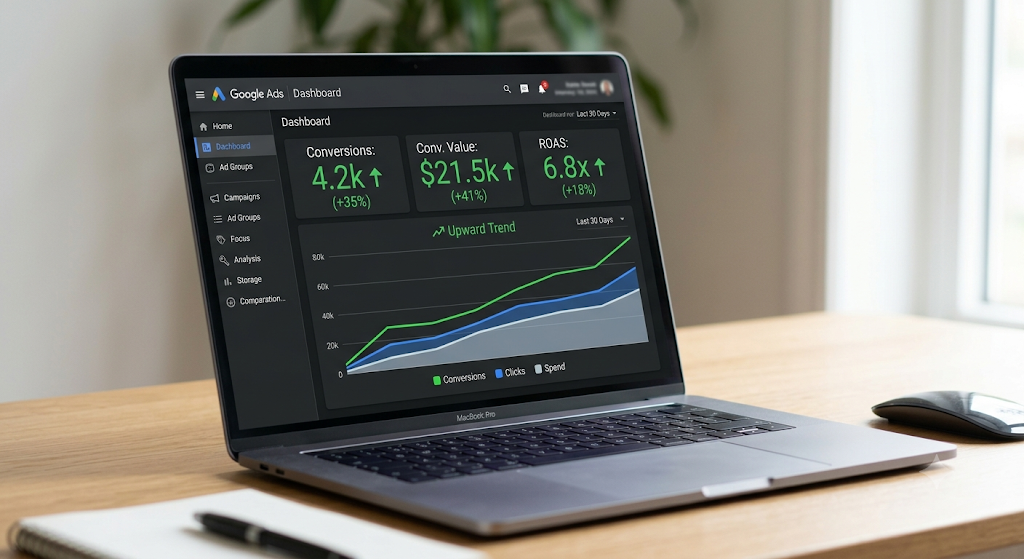 Google Ads dashboard showing successful campaign growth and positive ROI metrics.