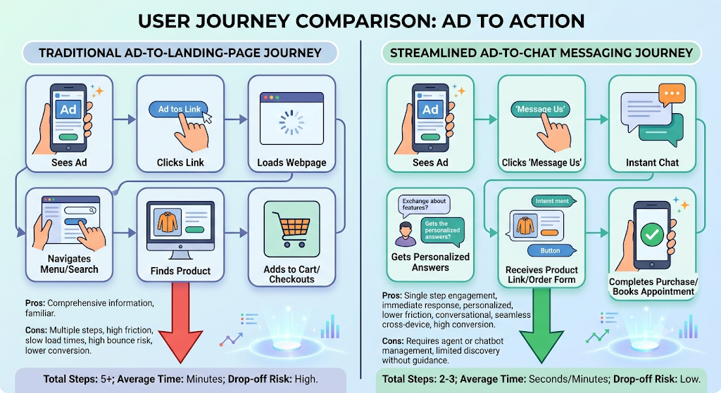Infographic comparing traditional landing page conversion funnels with frictionless Meta messaging campaigns user flows.