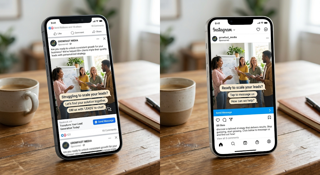 Example of a high-converting Meta feed ad optimizing for Meta messaging campaigns with an explicit chat call-to-action.