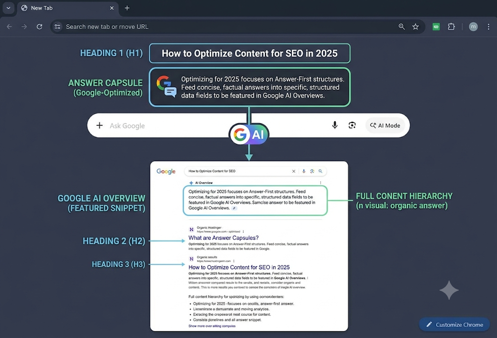 Diagram showing an SEO content structure with a prominent Answer Capsule right beneath Heading 1 feeding directly into Google AI Overviews.